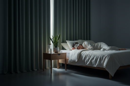 Woman sleeping peacefully in a cool dark bedroom — NovaMag sleep wellness guide